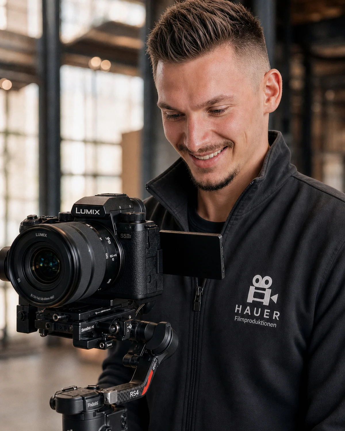 Manuel Hauer von Hauer Filmproduktionen Freiburg mit Lumix S5 IIX auf dem DJI-Gimbal beim Dreh eines Imagefilms.