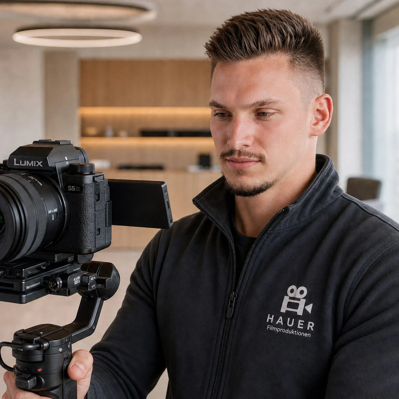 Manuel Hauer von Hauer Filmproduktionen Freiburg mit Lumix S5 IIX auf dem Gimbal während eines Drehs für einen Imagefilm.